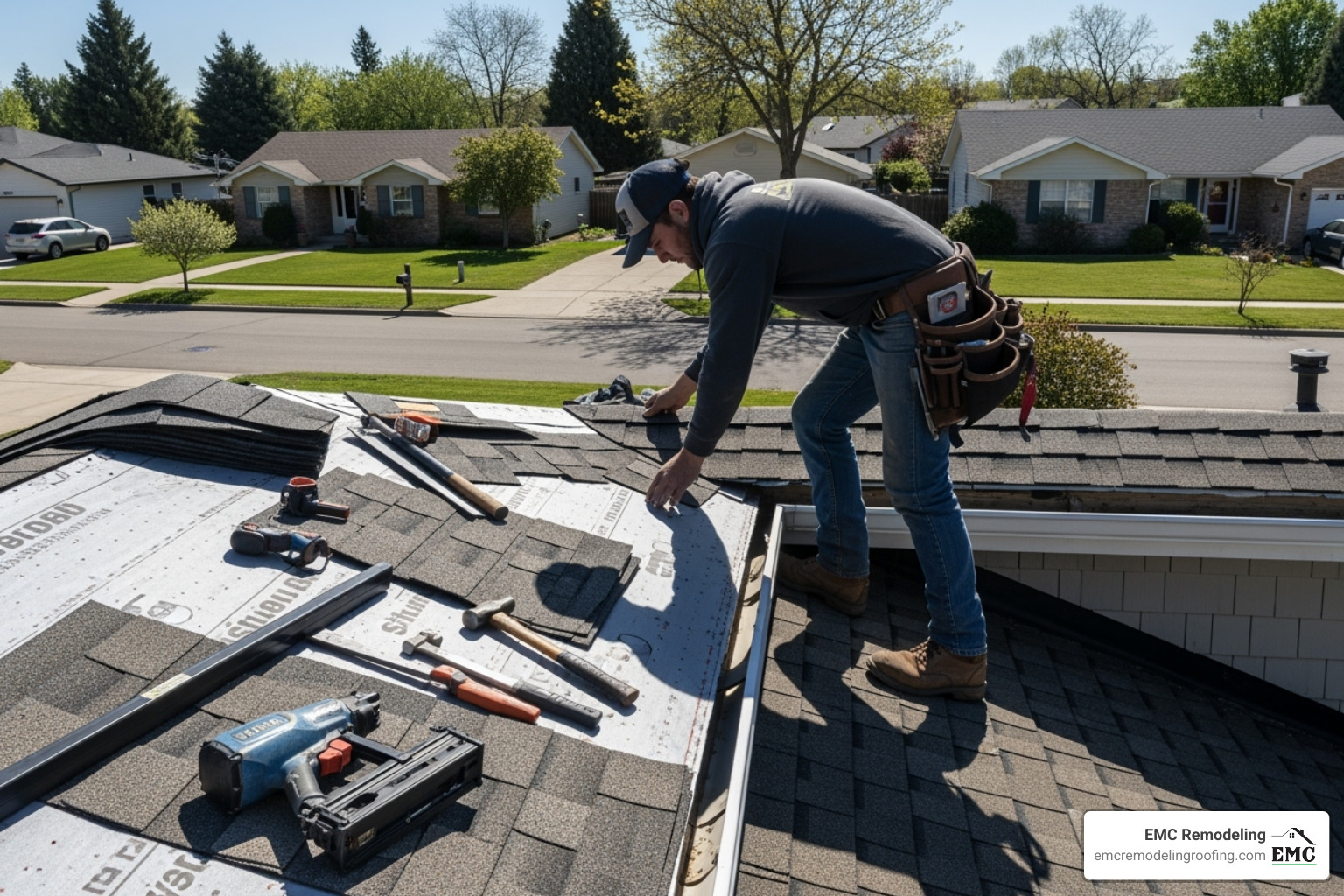 Professional roofer working on roof eaves repair - roof eaves repair Professional roofer working on roof eaves repair - roof eaves repair