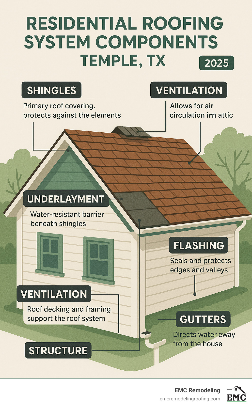 Comprehensive breakdown of residential roofing system components including underlayment, shingles, flashing, gutters, ventilation, and structural elements with explanations of each component's role in protecting Temple TX homes - roofing temple tx infographic 