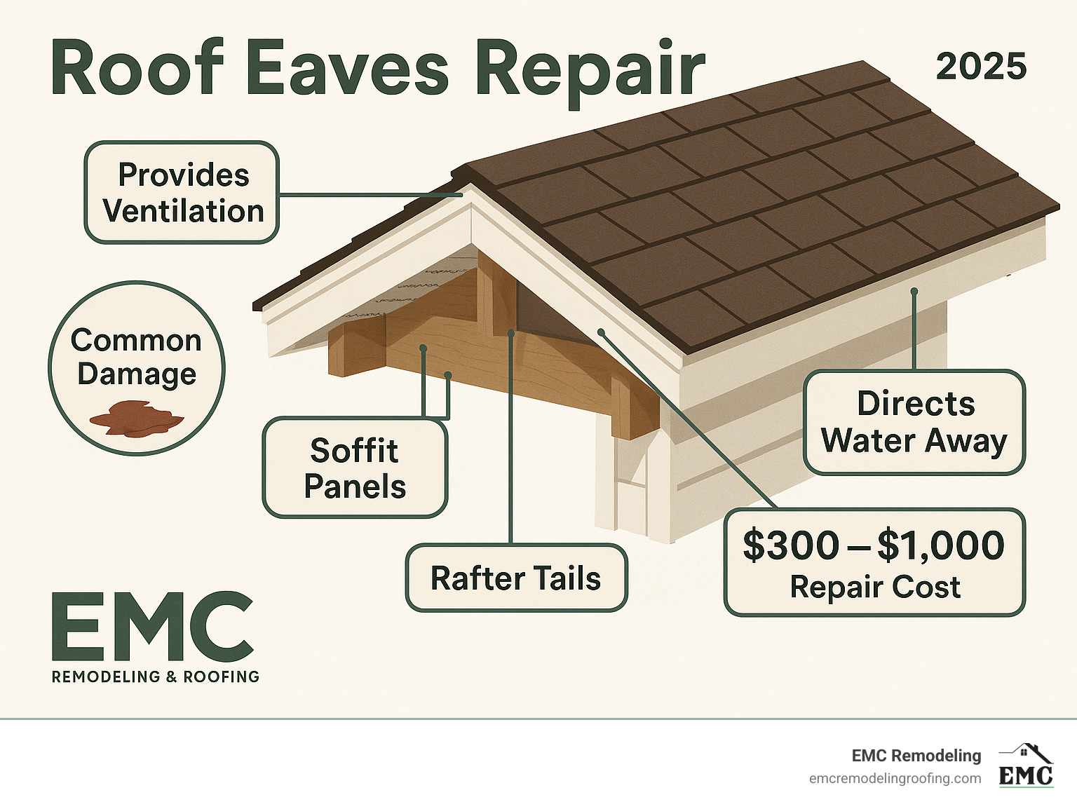 Detailed infographic showing roof eaves components including fascia board, soffit panels, rafter tails, and their functions in water management and ventilation, with callouts showing common damage areas and repair costs - roof eaves repair infographic  Detailed infographic showing roof eaves components including fascia board, soffit panels, rafter tails, and their functions in water management and ventilation, with callouts showing common damage areas and repair costs - roof eaves repair infographic