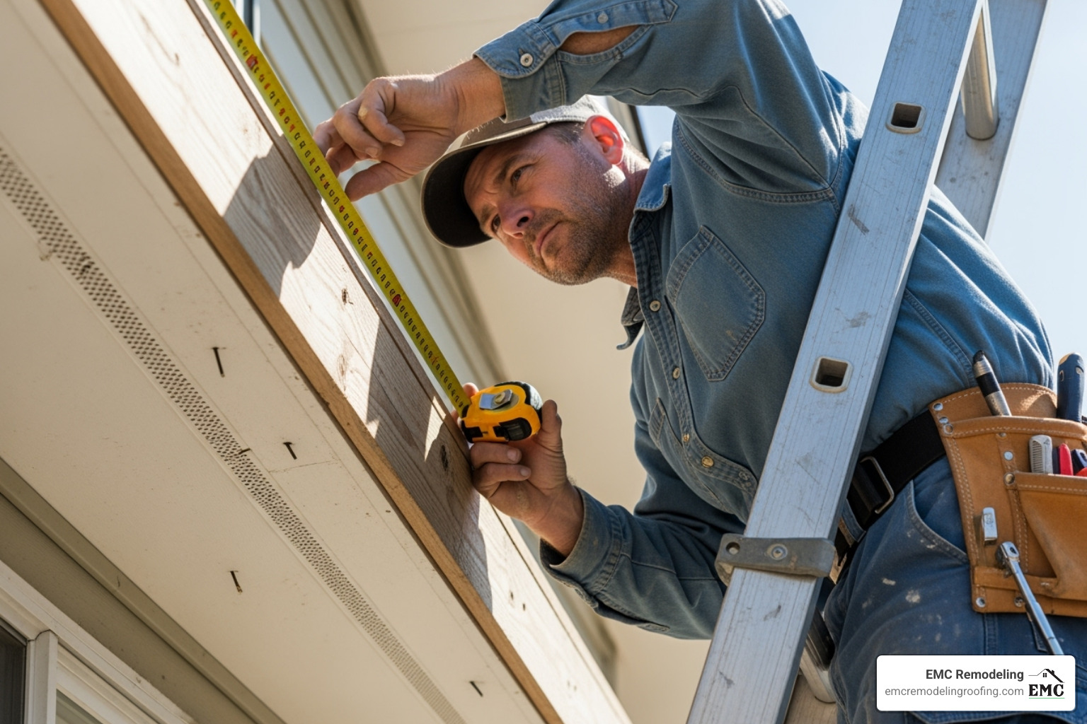 contractor measuring fascia board - roof eaves repair cost