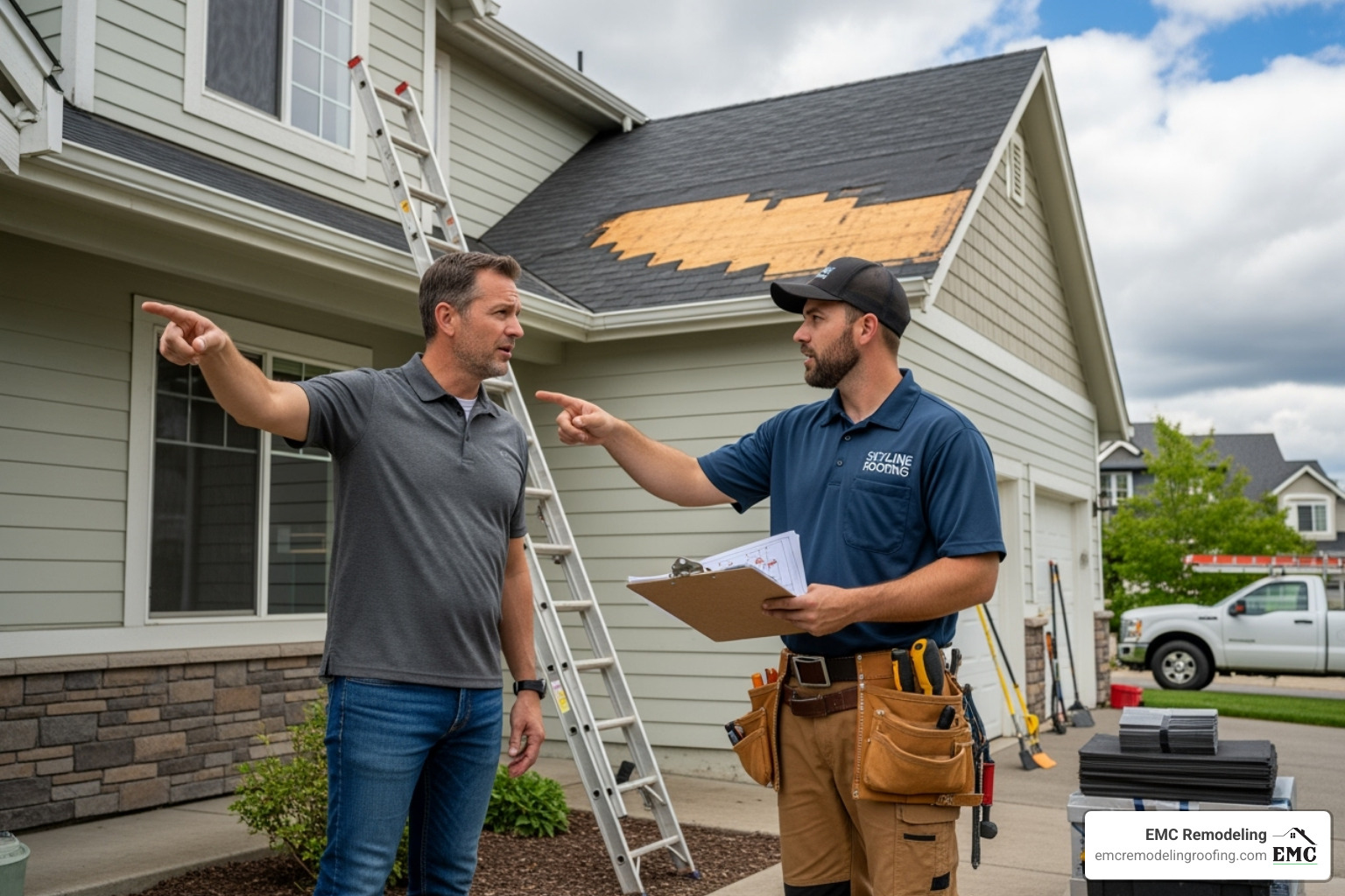 homeowner discussing repair options with a professional roofer - roof eaves repair cost