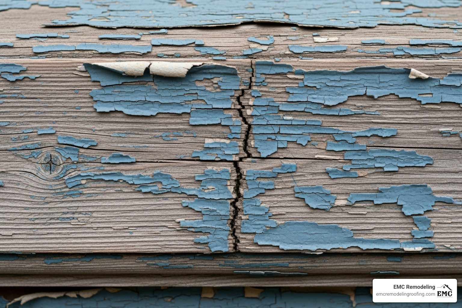 peeling paint and cracks on a wooden fascia board - roof eaves repair cost