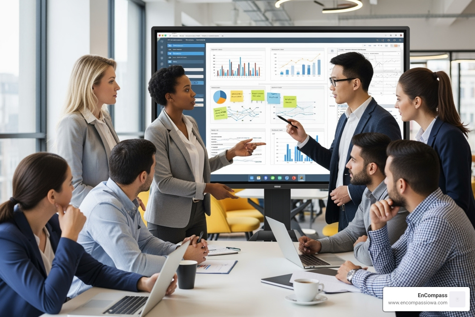 Team collaborating on a digital whiteboard - IT operations optimization Team collaborating on a digital whiteboard - IT operations optimization
