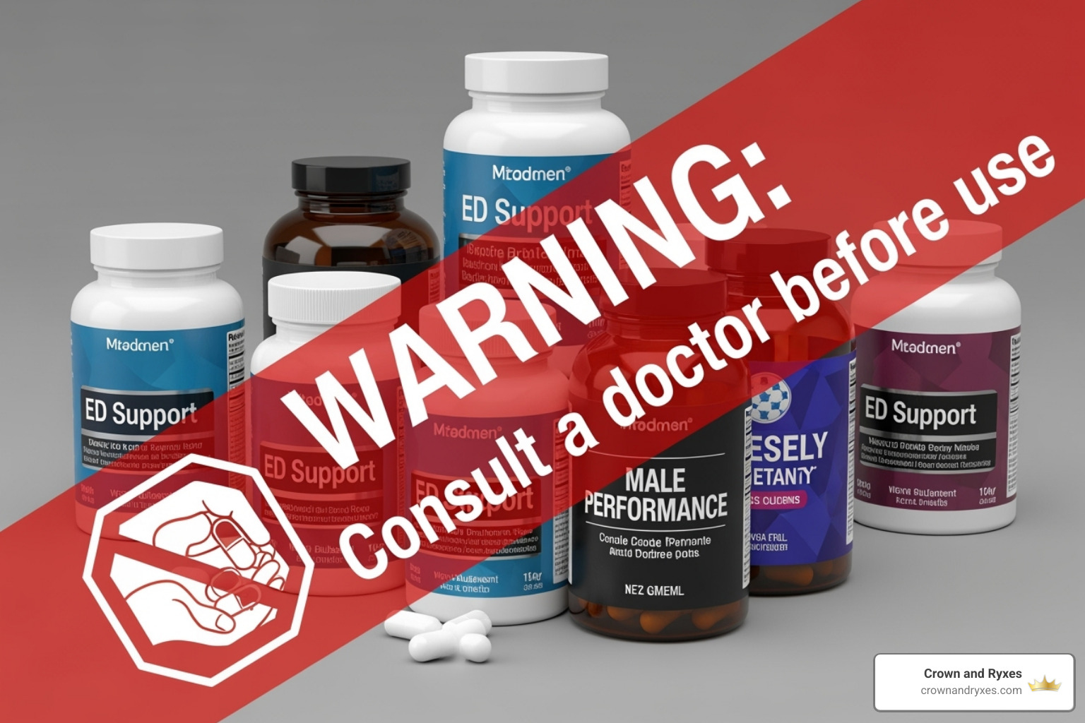 various supplement bottles with a warning sign overlay - ed meds over the counter various supplement bottles with a warning sign overlay - ed meds over the counter