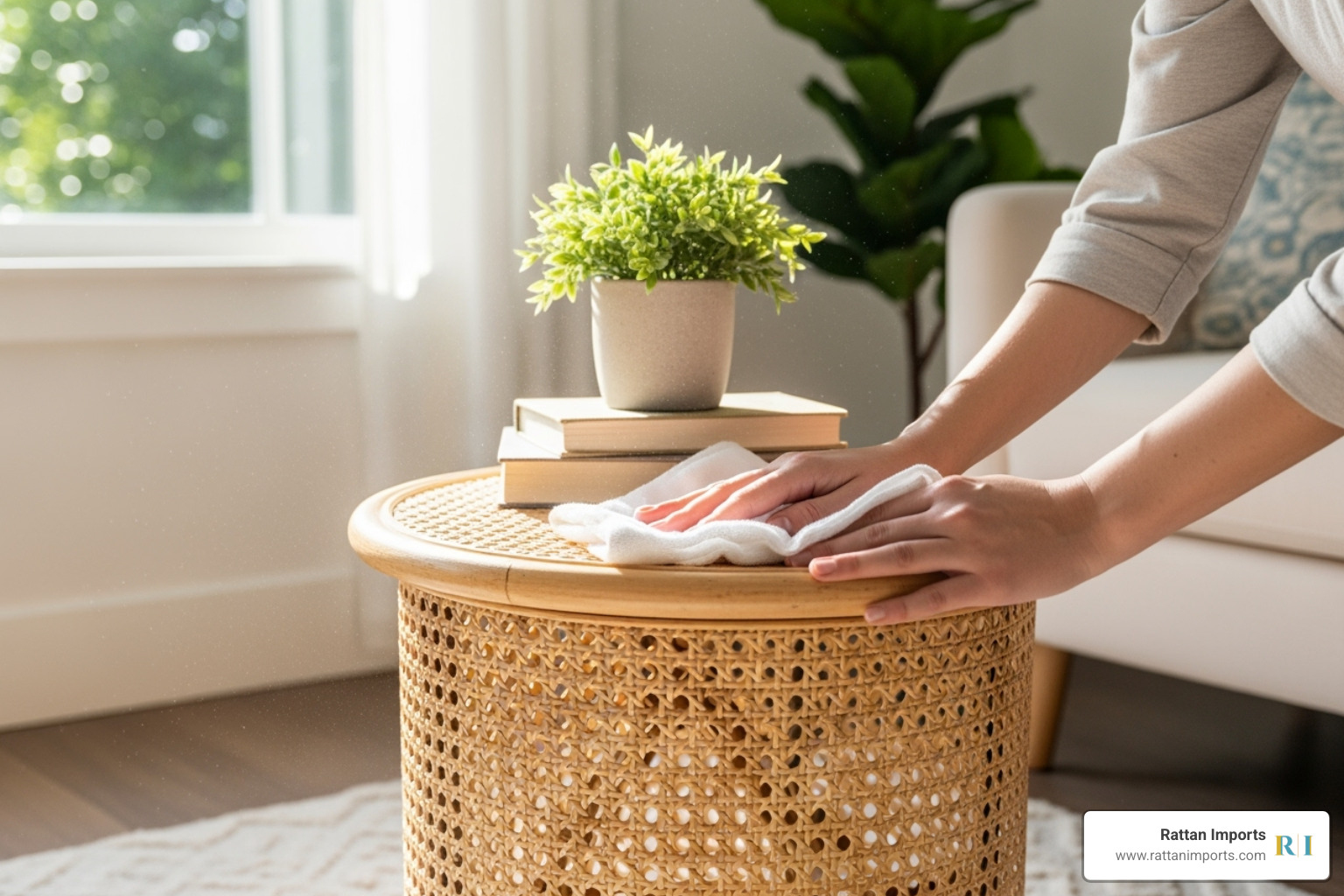 person gently dusting a rattan side table with a soft cloth - bamboo rattan side table