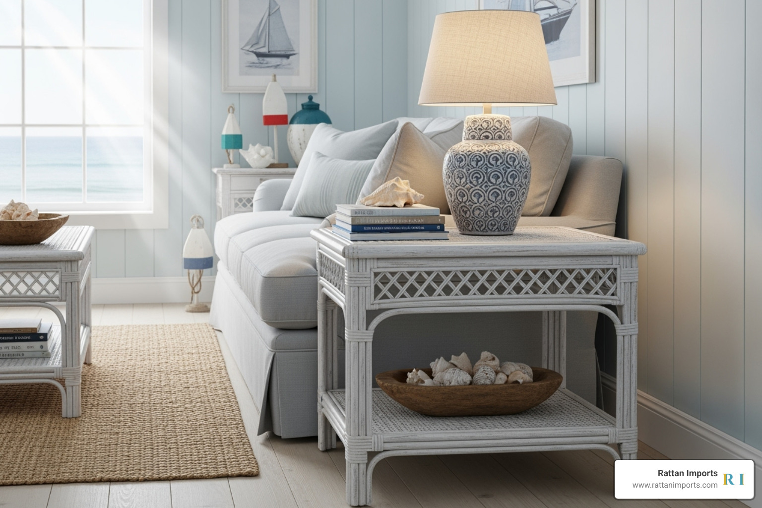 coastal-themed living room with a white-washed rattan side table - bamboo rattan side table