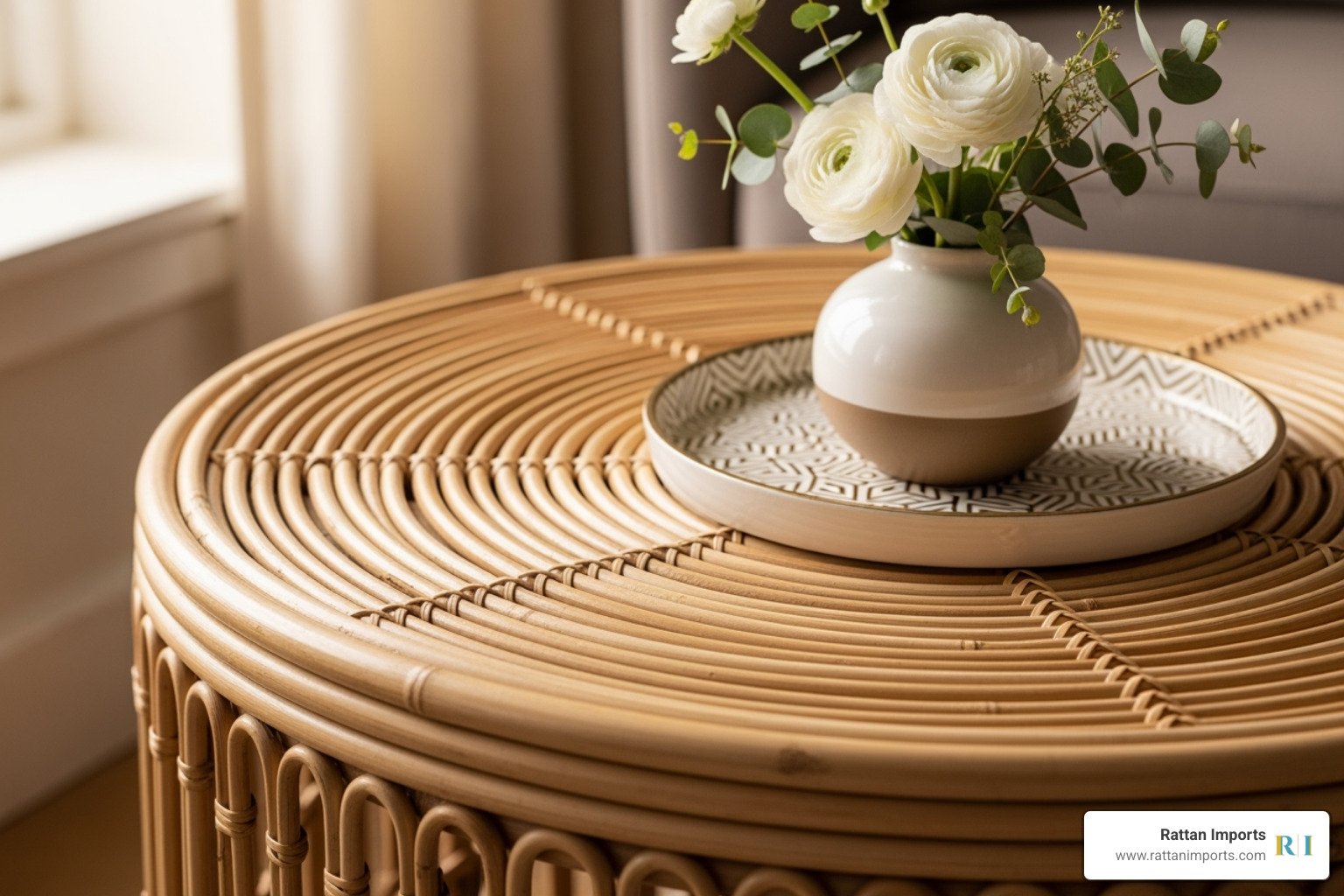 close-up shot of a styled bamboo rattan side table with a decorative tray and a small vase - bamboo rattan side table