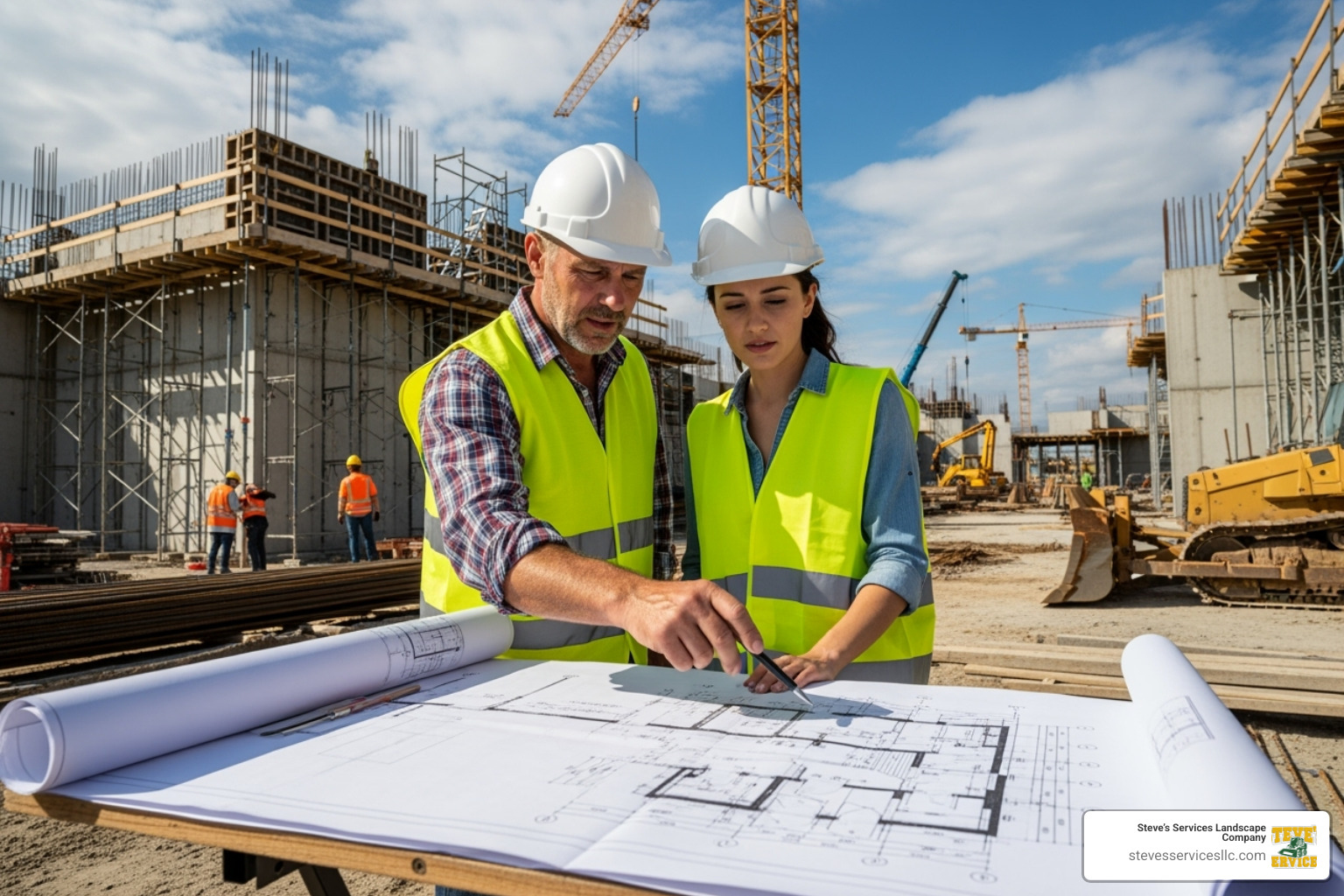 A contractor and client reviewing blueprints on a construction site. - commercial construction contractors near me A contractor and client reviewing blueprints on a construction site. - commercial construction contractors near me