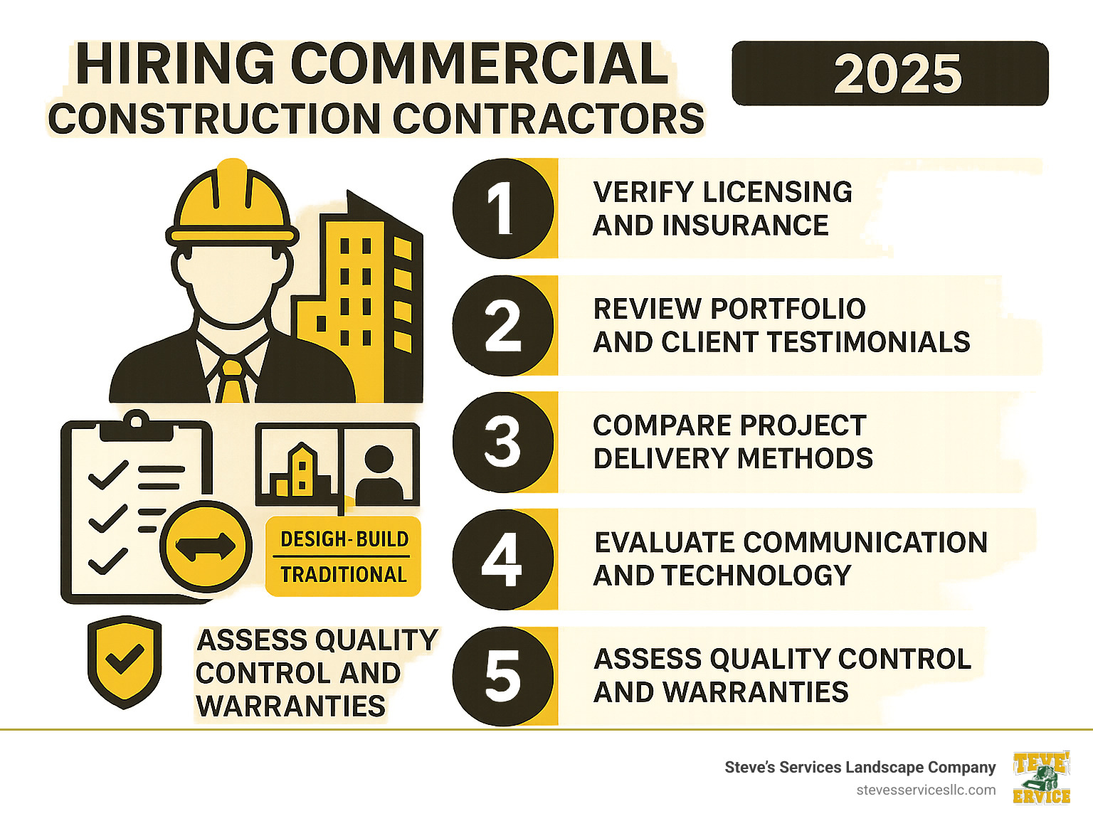 Infographic showing the 5 essential steps to hiring commercial construction contractors: 1) Verify licensing and insurance credentials, 2) Review portfolio and client testimonials, 3) Compare project delivery methods (design-build vs traditional), 4) Evaluate communication and technology capabilities, 5) Assess quality control processes and warranty offerings - commercial construction contractors near me infographic Infographic showing the 5 essential steps to hiring commercial construction contractors: 1) Verify licensing and insurance credentials, 2) Review portfolio and client testimonials, 3) Compare project delivery methods (design-build vs traditional), 4) Evaluate communication and technology capabilities, 5) Assess quality control processes and warranty offerings - commercial construction contractors near me infographic
