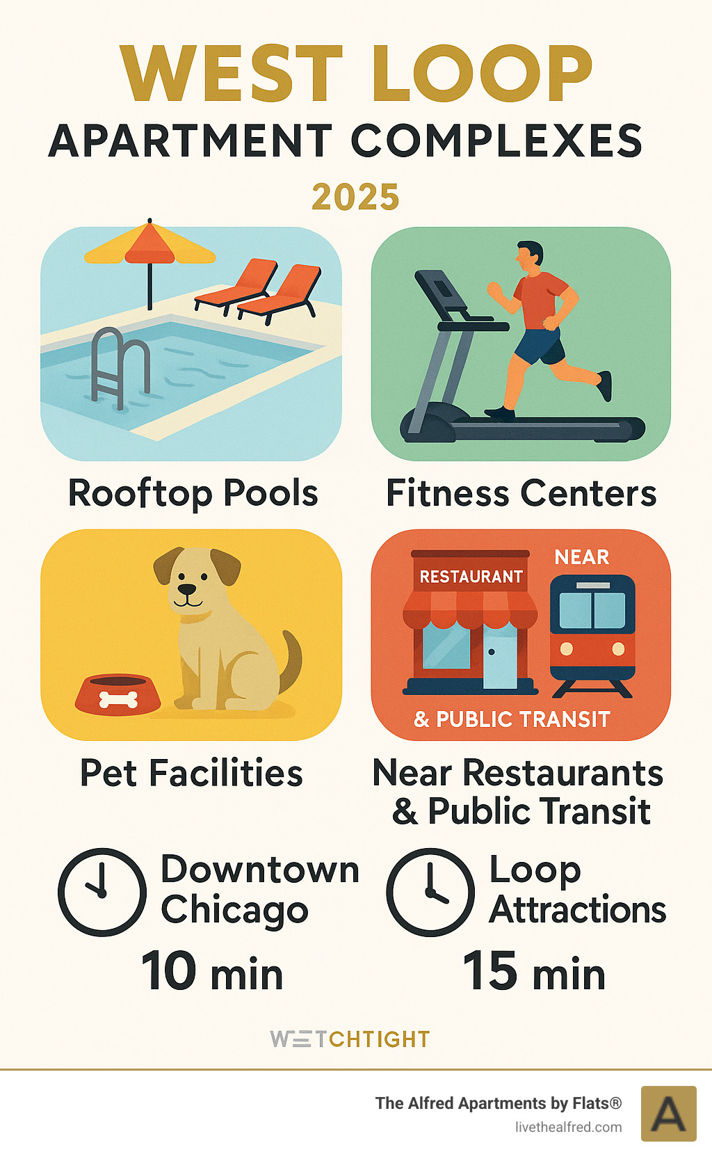Infographic showing West Loop apartment amenities including rooftop pools, fitness centers, pet facilities, proximity to restaurants and public transit, with average commute times to downtown Chicago and nearby attractions - west loop apartment complexes infographic 