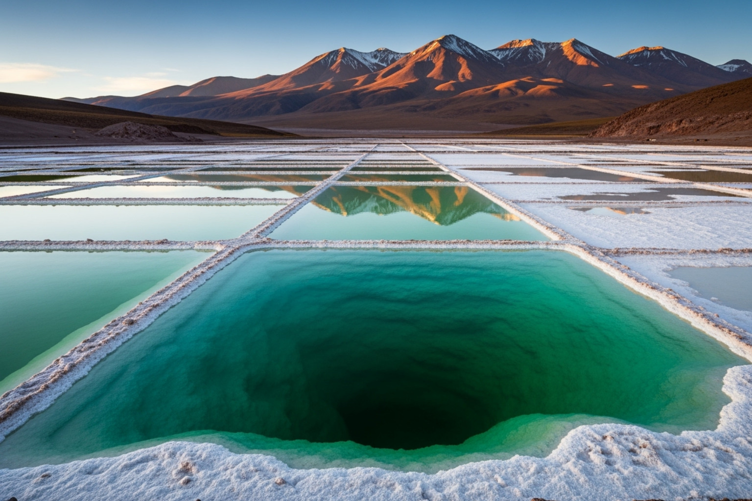 A lithium brine pool in South America with mountains in the background, illustrating a key source of lithium - 5starsstocks.com lithium