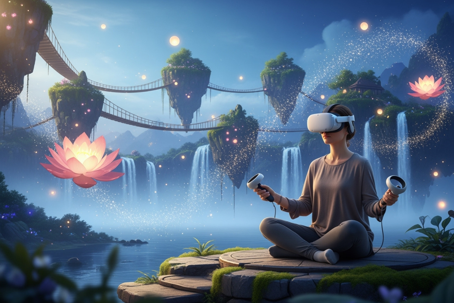A person wearing a VR headset, with their hands in virtual reality controllers, is shown sitting in a serene, fantasy-like virtual environment, seemingly engaged in a guided meditation session. The environment features soft, glowing lights and floating natural elements. - blog gaming dualmedia