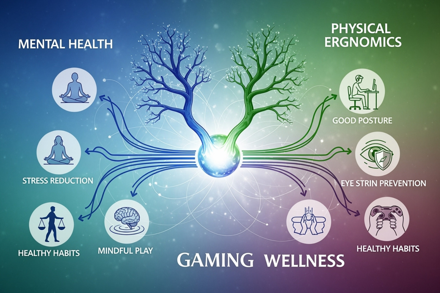 A mind map showing content ideas branching from central wellness themes like 'Mental Health' and 'Physical Ergonomics', with sub-branches for topics like 'Stress Reduction in Gaming', 'Posture for Gamers', 'Eye Strain Prevention', 'Healthy Gaming Snacks', 'Digital Detox Challenges', and 'Mindful Gaming Practices' - blog gaming dualmedia