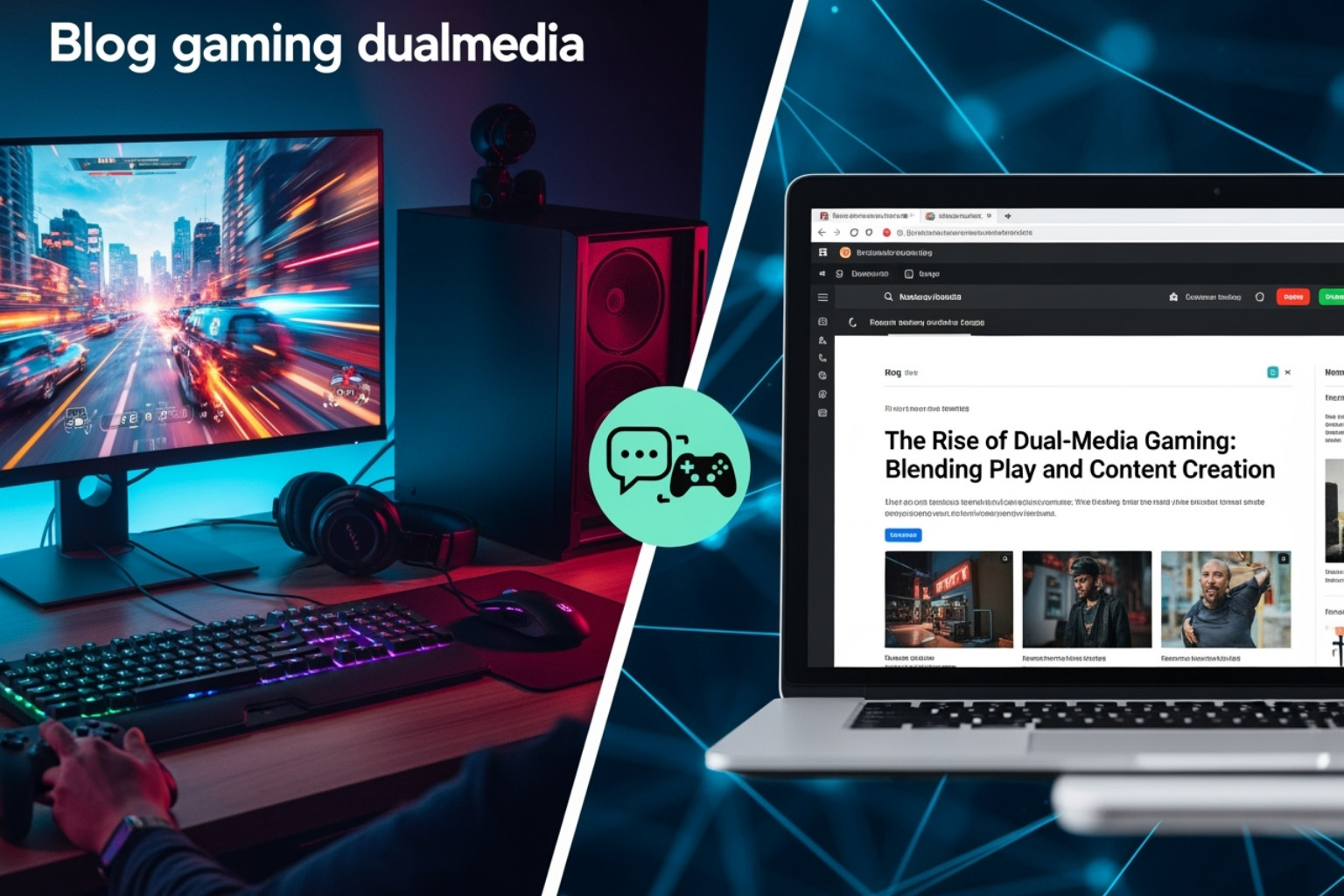 A split-screen showing a blog post about stretches for gamers on one side and a video of a yoga routine on the other - blog gaming dualmedia