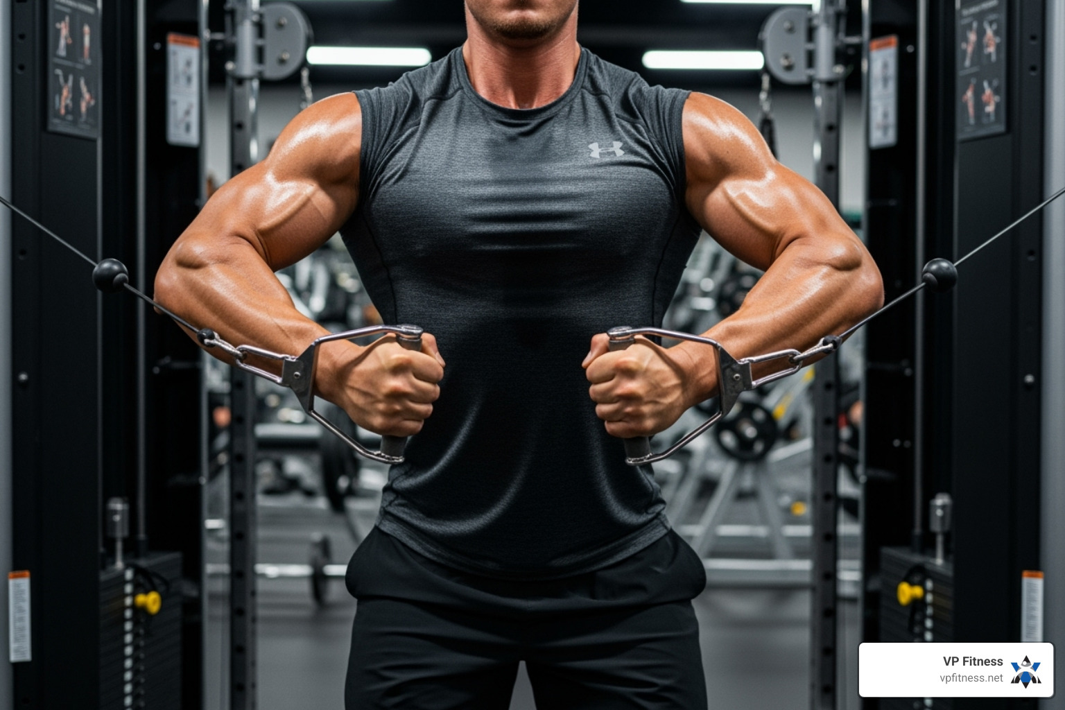 A person performing a cable fly, showing constant tension on the pectoral muscles - Chest workout routine