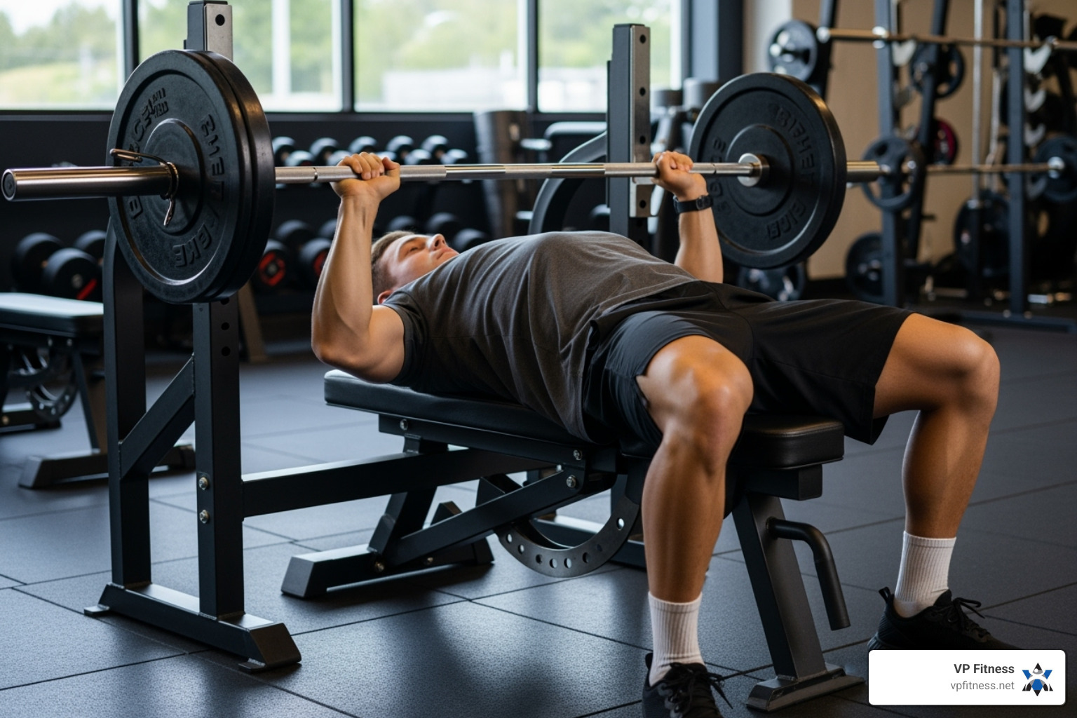 A person performing a barbell bench press with correct form, demonstrating proper grip and bar path - Chest workout routine