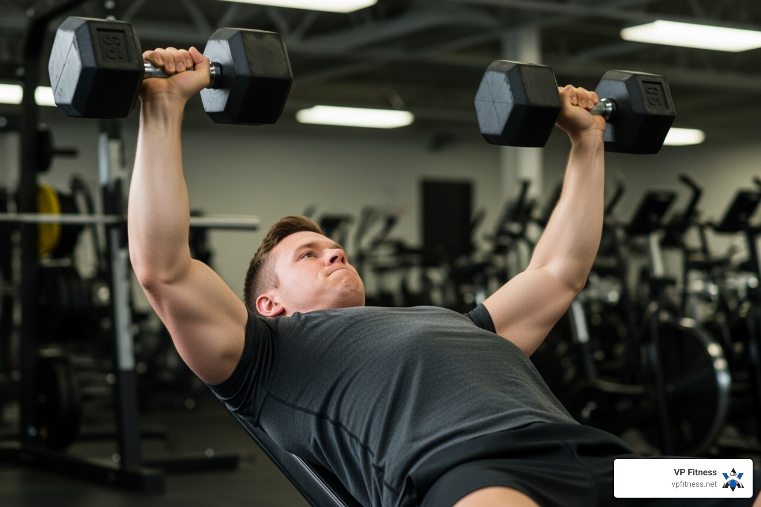 A person performing an incline dumbbell press with dumbbells at the top of the movement - Chest workout routine