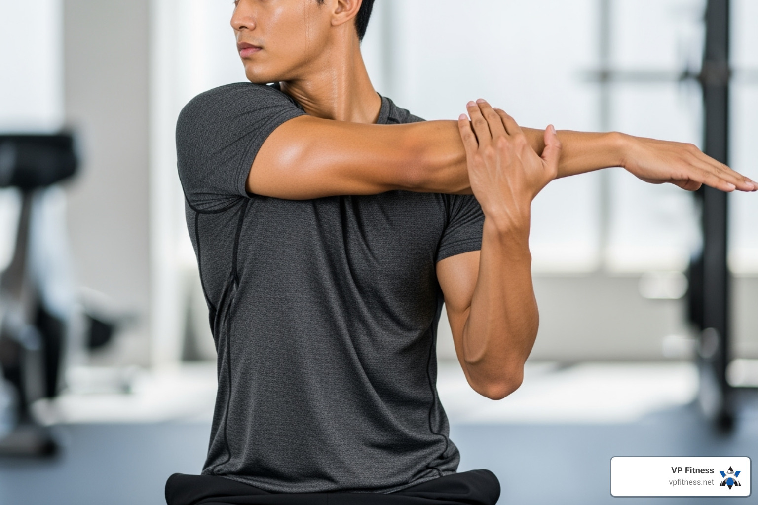person performing a cross-body shoulder stretch - Cool down stretches person performing a cross-body shoulder stretch - Cool down stretches