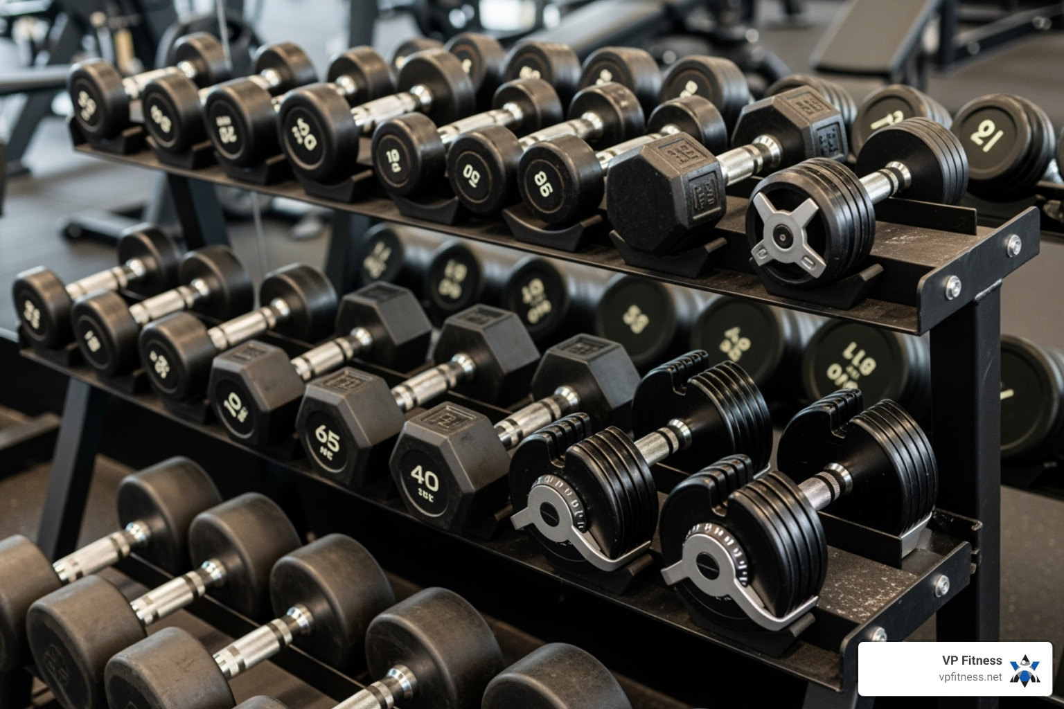 An assortment of dumbbells, including traditional fixed-weight dumbbells and modern adjustable types, neatly arranged on a rack - Dumbbell workout routine An assortment of dumbbells, including traditional fixed-weight dumbbells and modern adjustable types, neatly arranged on a rack - Dumbbell workout routine