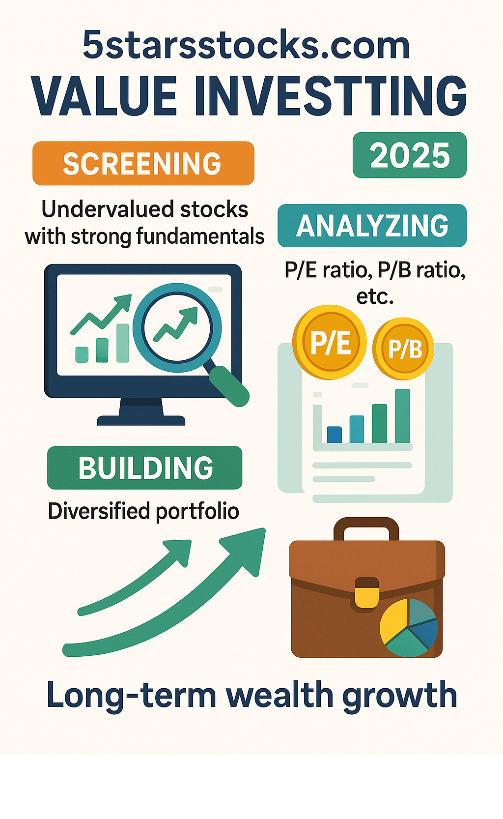 Infographic showing the value investing process: screening undervalued stocks with strong fundamentals, analyzing financial metrics like P/E and P/B ratios, building a diversified portfolio for long-term wealth growth -  5starsstocks.com value stocks infographic 
