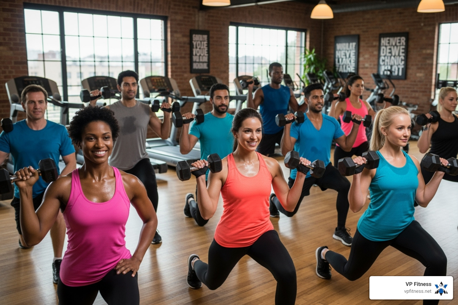 A diverse group of individuals enthusiastically participating in a group fitness class, each using dumbbells for their workout - Dumbbell workout routine A diverse group of individuals enthusiastically participating in a group fitness class, each using dumbbells for their workout - Dumbbell workout routine