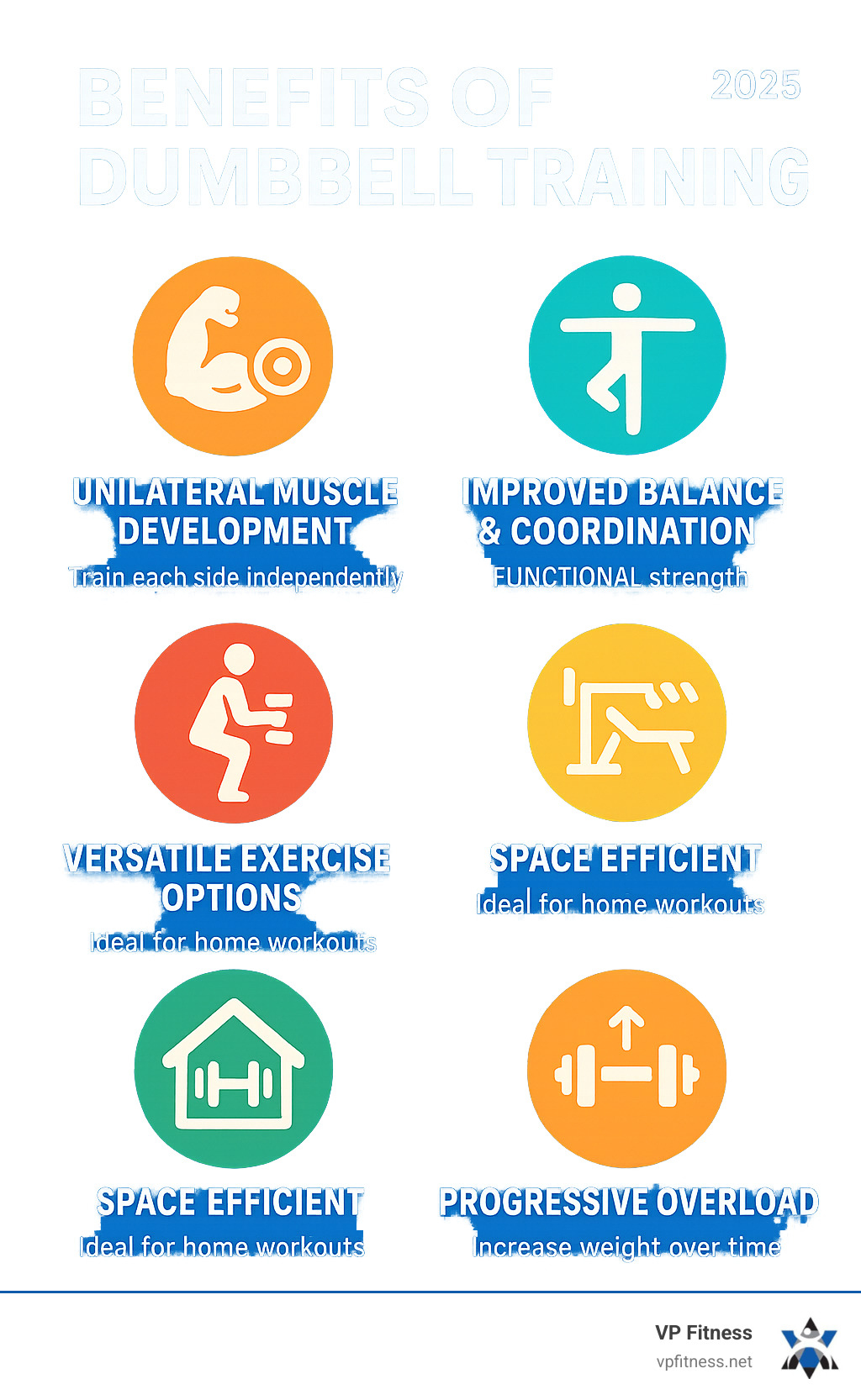 Comprehensive infographic showing the key benefits of dumbbell training including unilateral muscle development, improved balance and coordination, functional strength building, versatile exercise options, space efficiency for home workouts, and progressive overload capabilities compared to other training methods - Dumbbell workout routine infographic Comprehensive infographic showing the key benefits of dumbbell training including unilateral muscle development, improved balance and coordination, functional strength building, versatile exercise options, space efficiency for home workouts, and progressive overload capabilities compared to other training methods - Dumbbell workout routine infographic