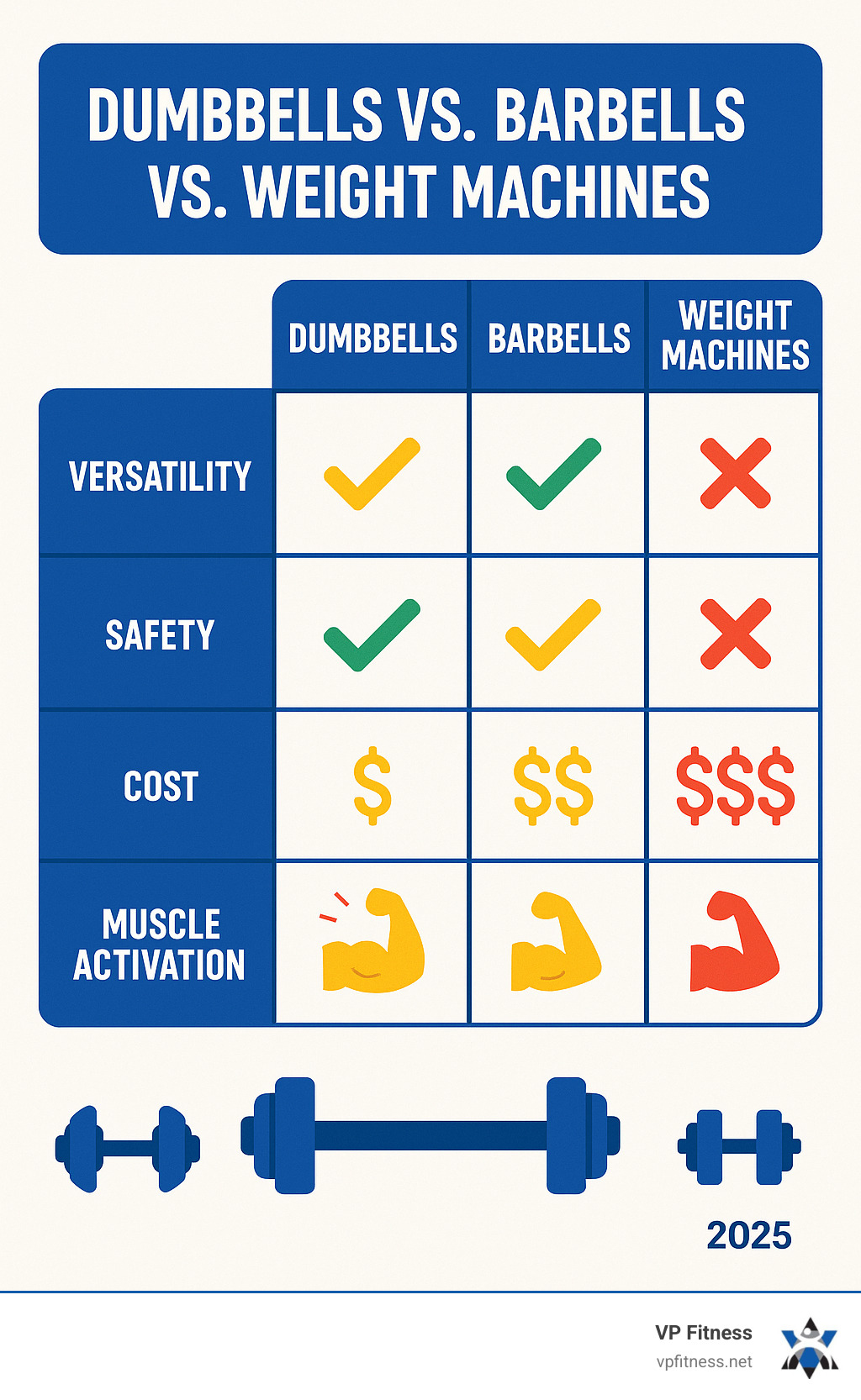 Table comparing Dumbbells vs. Barbells vs. Weight Machines on versatility, safety, cost, and muscle activation - Dumbbell workout routine infographic Table comparing Dumbbells vs. Barbells vs. Weight Machines on versatility, safety, cost, and muscle activation - Dumbbell workout routine infographic