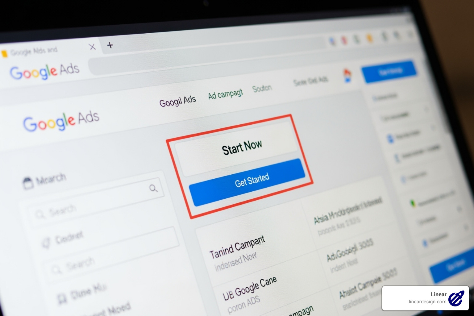 Google Ads homepage with the 'Start Now' button highlighted - Google Ads account setup