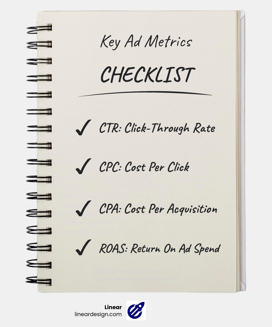 Infographic illustrating key Facebook Ads metrics like CTR, CPC, CPA, and ROAS - facebook ad manager service infographic checklist-notebook