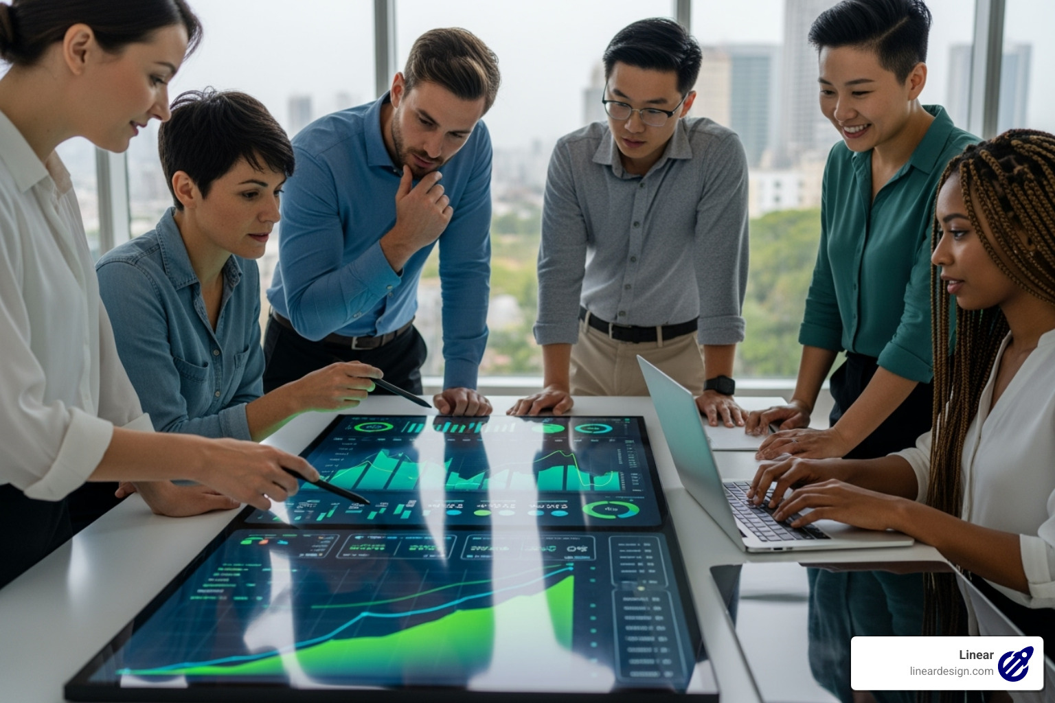A diverse team of experts collaborating around a digital dashboard showing impressive growth metrics - sales funnels agency
