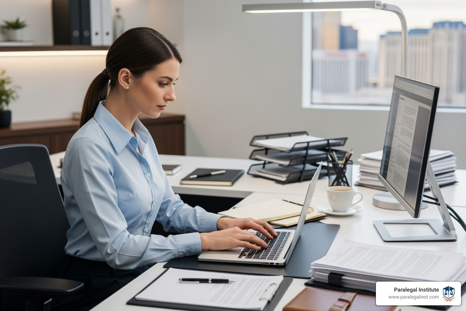 Infographic showing Las Vegas paralegal job market statistics: 102 total positions available, 43 entry-level opportunities representing 42% of openings, competitive average salaries, work arrangement breakdown of 73 on-site positions, 23 hybrid roles, and 5 remote opportunities, with major employers including personal injury firms, government agencies, and corporate legal departments - paralegal jobs in las vegas nevada infographic 