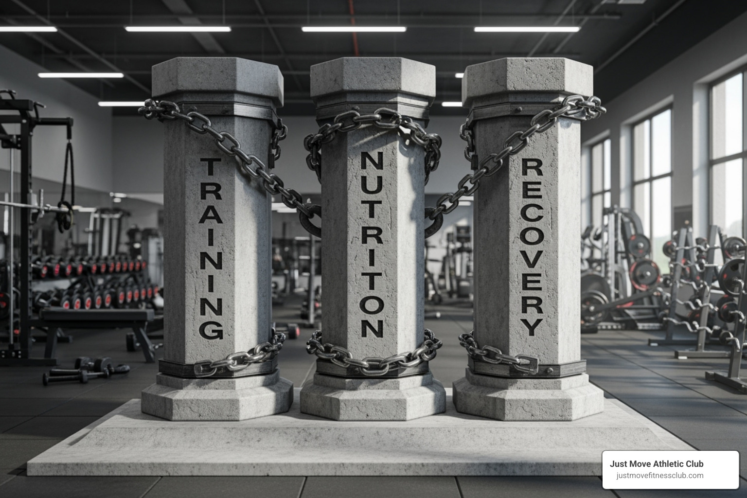 three-part diagram showing Training, Nutrition, and Recovery as interconnected pillars - gym muscle growth three-part diagram showing Training, Nutrition, and Recovery as interconnected pillars - gym muscle growth