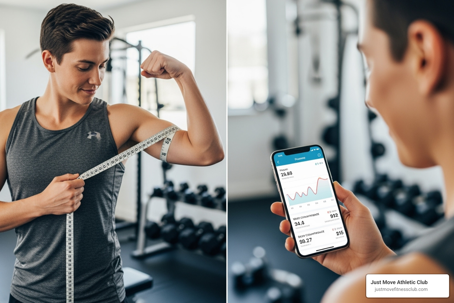 person using a body tape measure or a fitness app to track progress - gym muscle growth person using a body tape measure or a fitness app to track progress - gym muscle growth