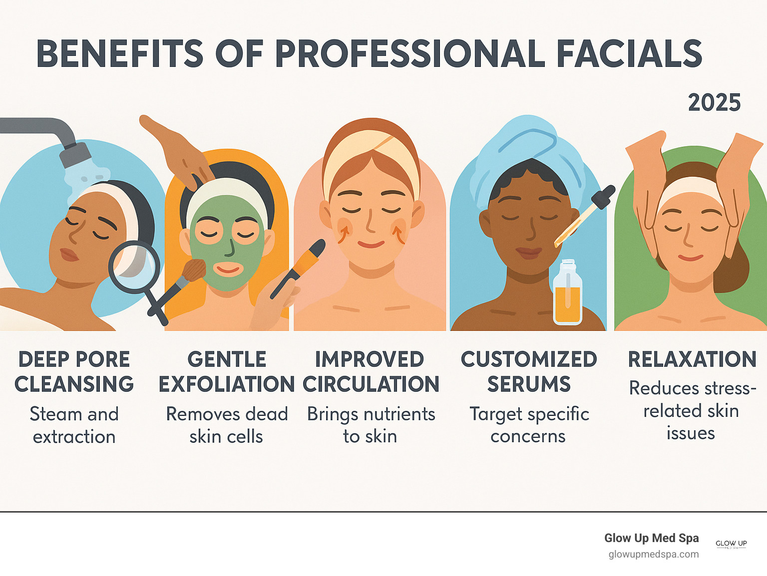 Infographic showing the core benefits of professional facials including deep pore cleansing through steam and extraction, gentle exfoliation removing dead skin cells, improved circulation bringing nutrients to skin, customized serums targeting specific concerns, and relaxation reducing stress-related skin issues - facial newport beach infographic 