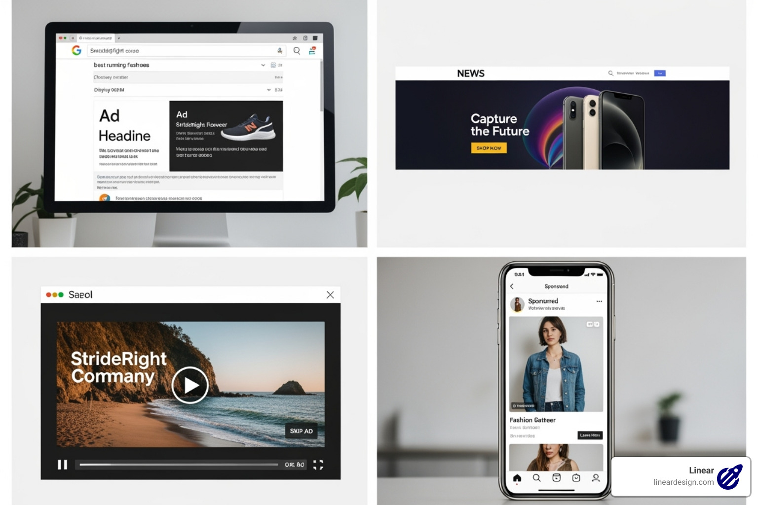 examples of different ad types: a search ad, a display banner, a video ad, and a social media ad - what is ppc advertising