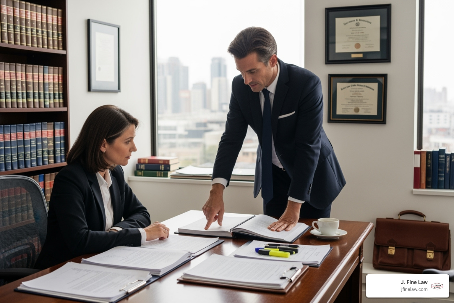 lawyer and client reviewing documents in a professional office setting - workplace accident law firm