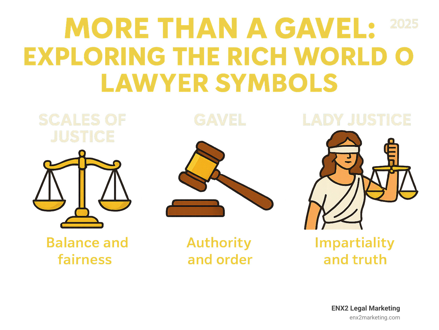 Infographic showing the three core lawyer symbols: Scales of Justice representing balance and fairness with two balanced scales, a gavel representing authority and order with a wooden mallet, and Lady Justice representing impartiality and truth with a blindfolded figure holding scales - lawyer symbols infographic Infographic showing the three core lawyer symbols: Scales of Justice representing balance and fairness with two balanced scales, a gavel representing authority and order with a wooden mallet, and Lady Justice representing impartiality and truth with a blindfolded figure holding scales - lawyer symbols infographic