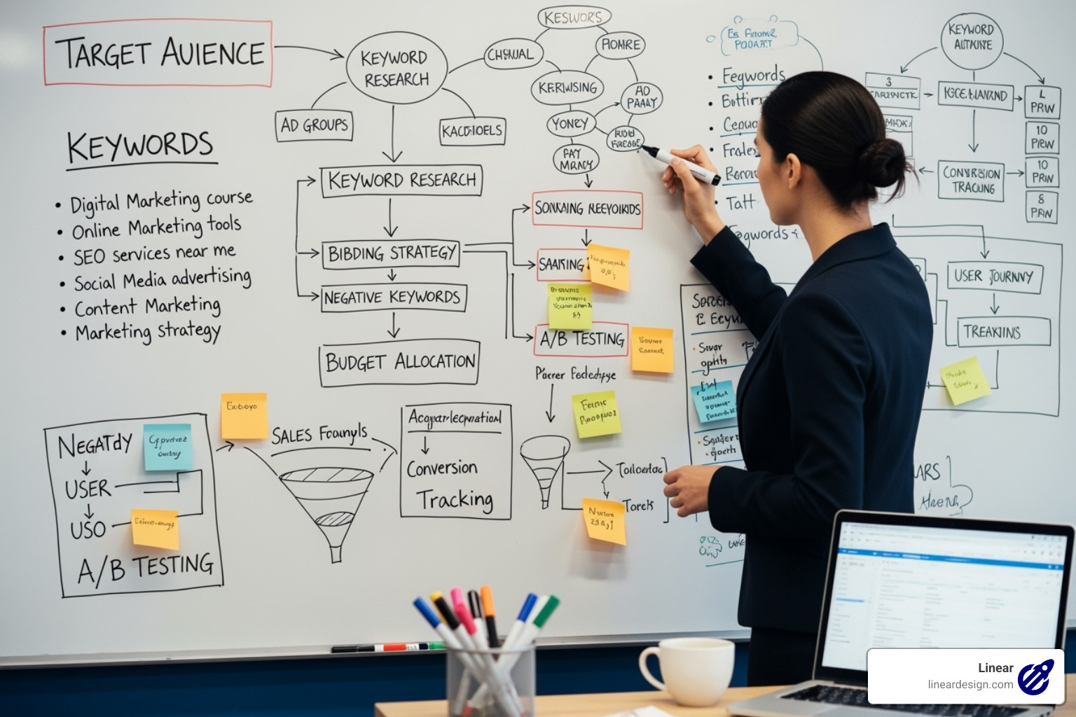 Image of a marketer planning a PPC marketing campaign on a whiteboard - ppc marketing