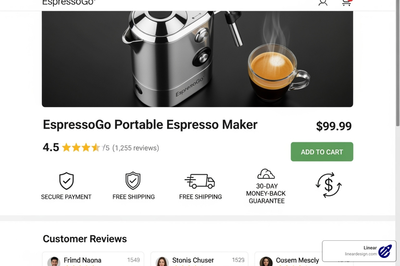 A product page showing star ratings, customer reviews, and trust badges near the 'Add to Cart' button - e-commerce conversion rate optimization