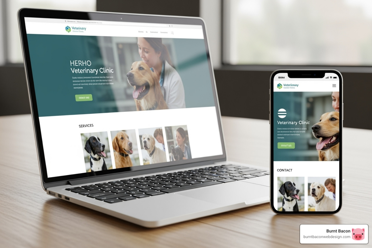 A veterinary clinic's responsive website displayed on a laptop and a smartphone. - animal clinic marketing