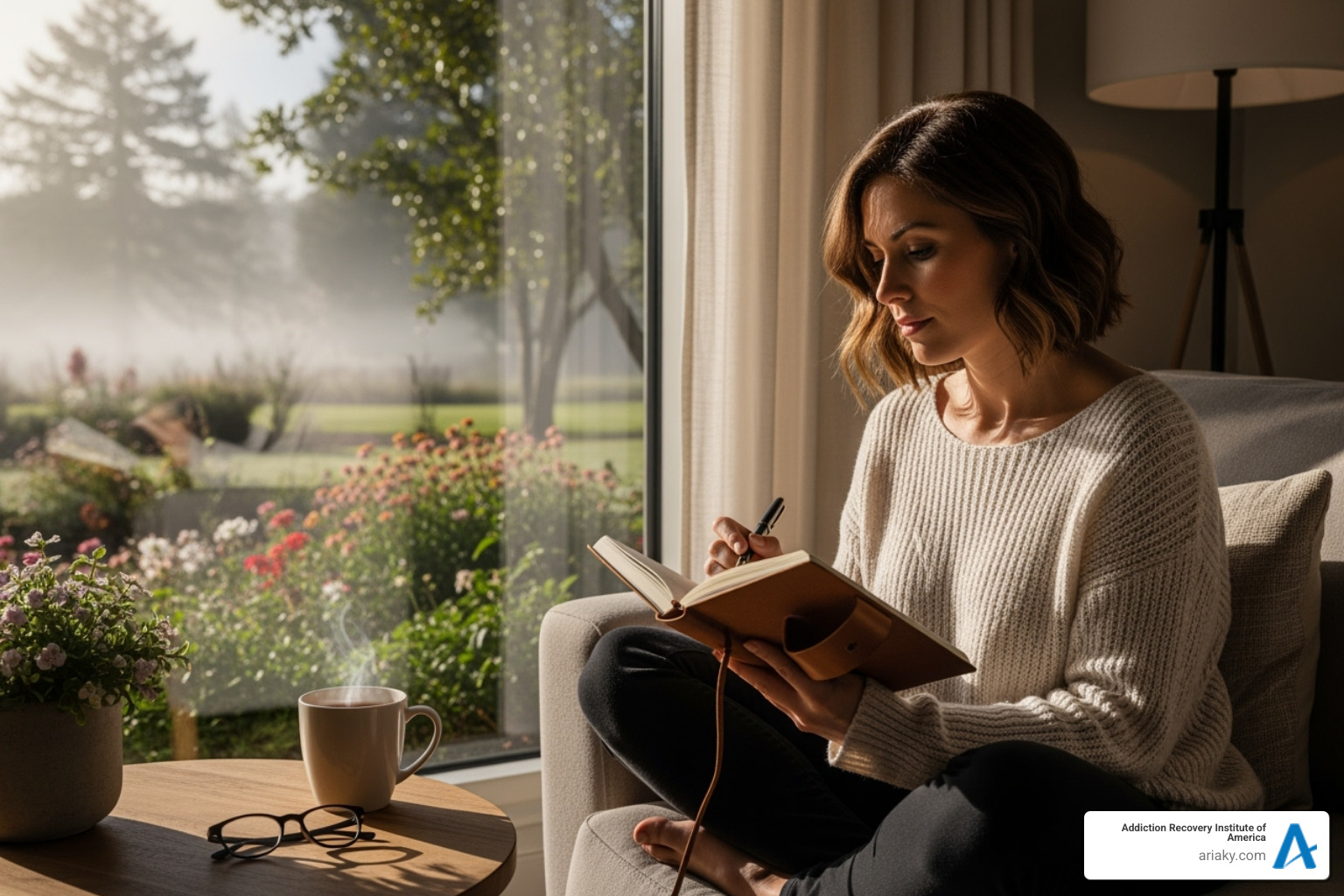 woman journaling thoughtfully in a peaceful environment - womens rehabs near me
