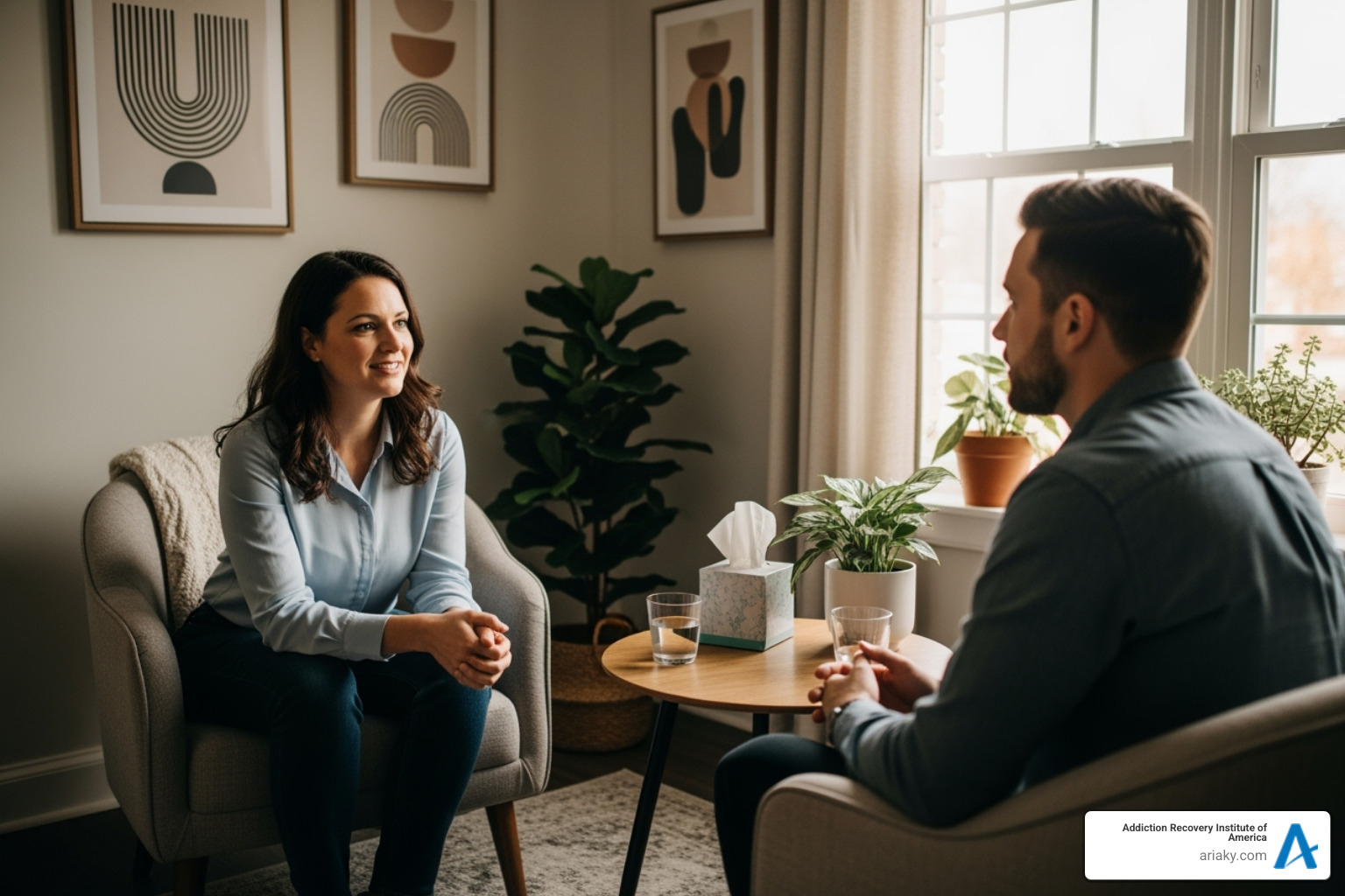 A compassionate one-on-one therapy session, showing a therapist actively listening to a client - drug rehab owensboro