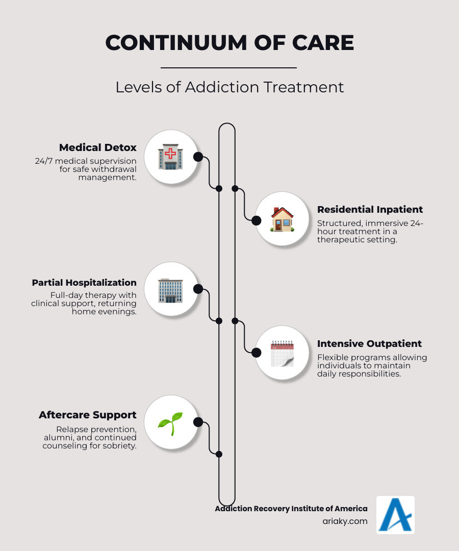 Infographic showing the continuum of addiction care from medical detox through residential treatment, outpatient programs, and aftercare support, with icons representing each level of care and arrows showing progression - addiction treatment louisville ky infographic infographic-line-5-steps-neat_beige