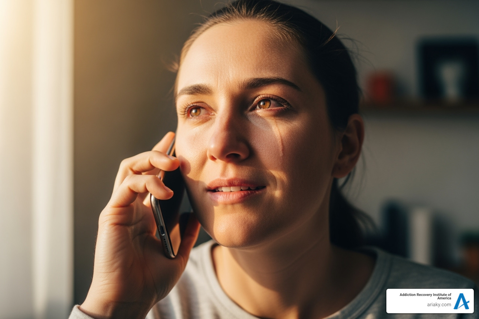 of a person on the phone, looking relieved, representing the first step of getting help - Kentucky partial hospitalization