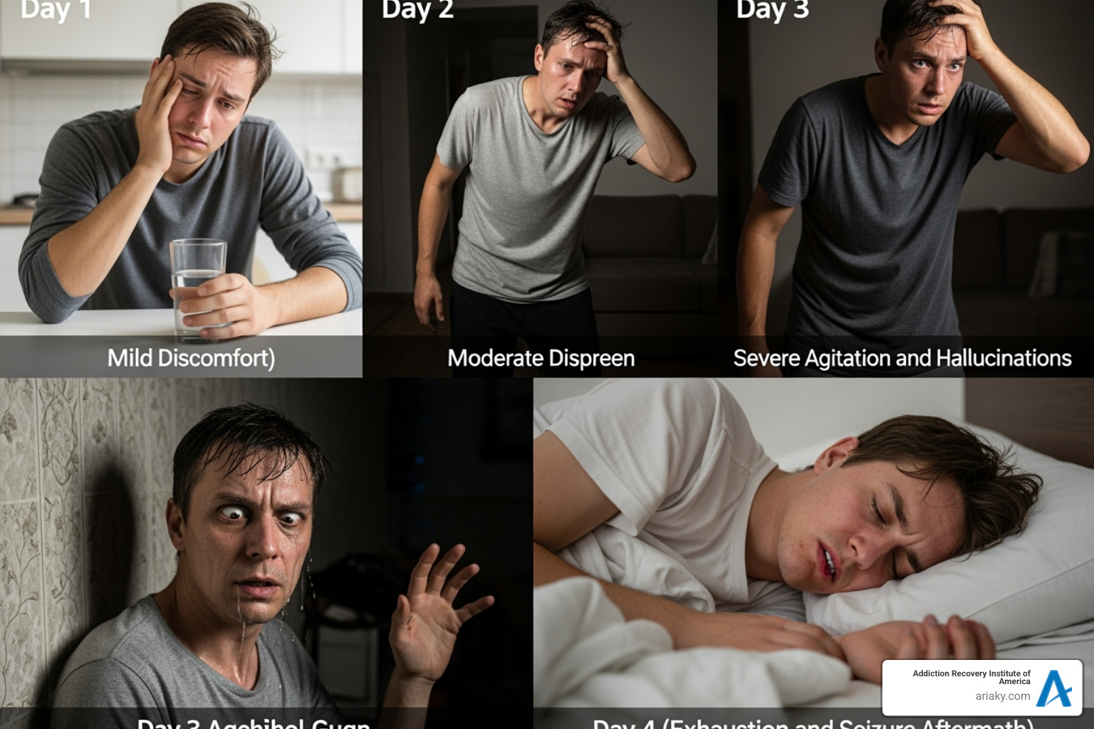 Progression of alcohol withdrawal symptoms from mild to severe over several days - alcohol withdrawal timeline