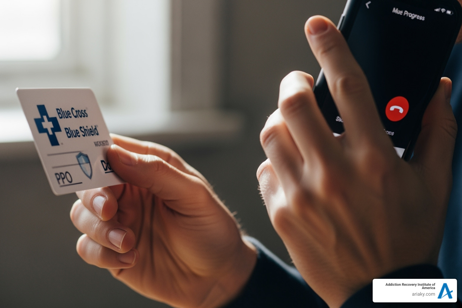 A person's hands holding an insurance card while talking on a phone - Alcohol rehab Kentucky