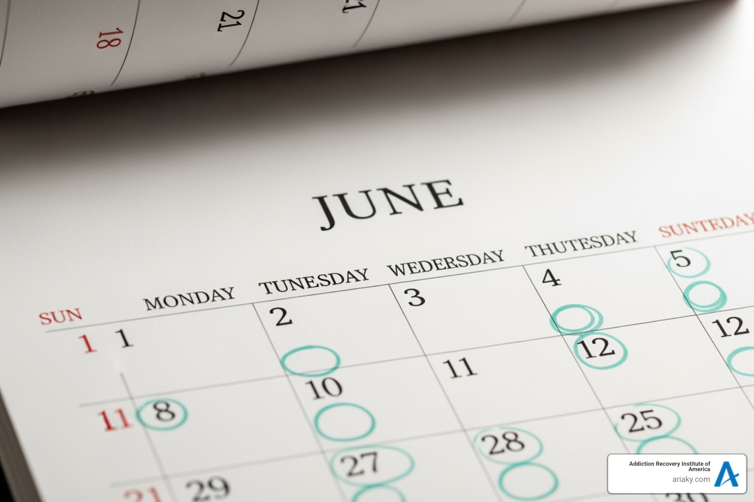 A calendar with the month of June, highlighting a 30-day block from June 1st to June 30th - Alcohol rehab Kentucky
