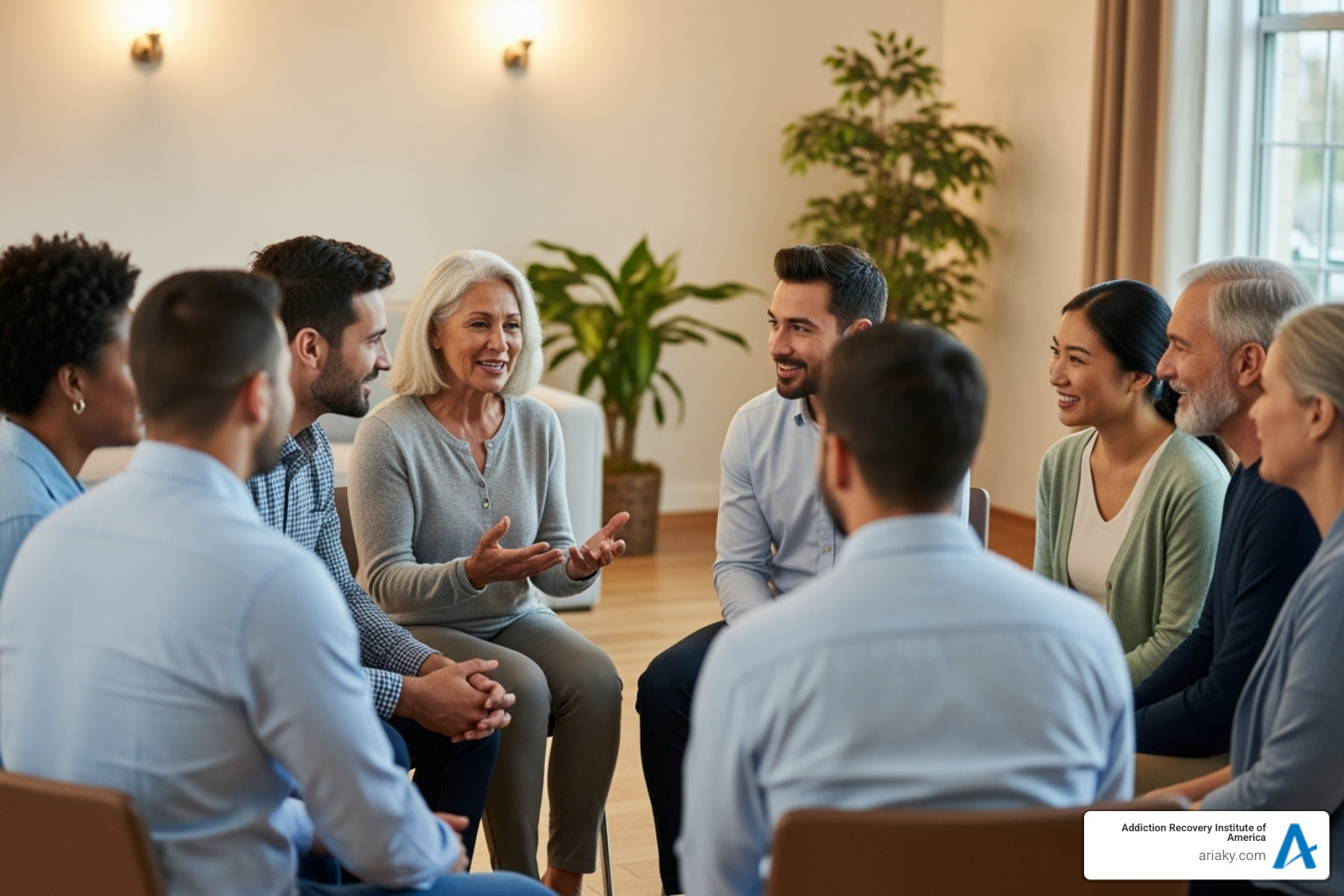 A group of diverse individuals participating in a supportive group therapy session, smiling and engaged - Alcohol rehab Kentucky