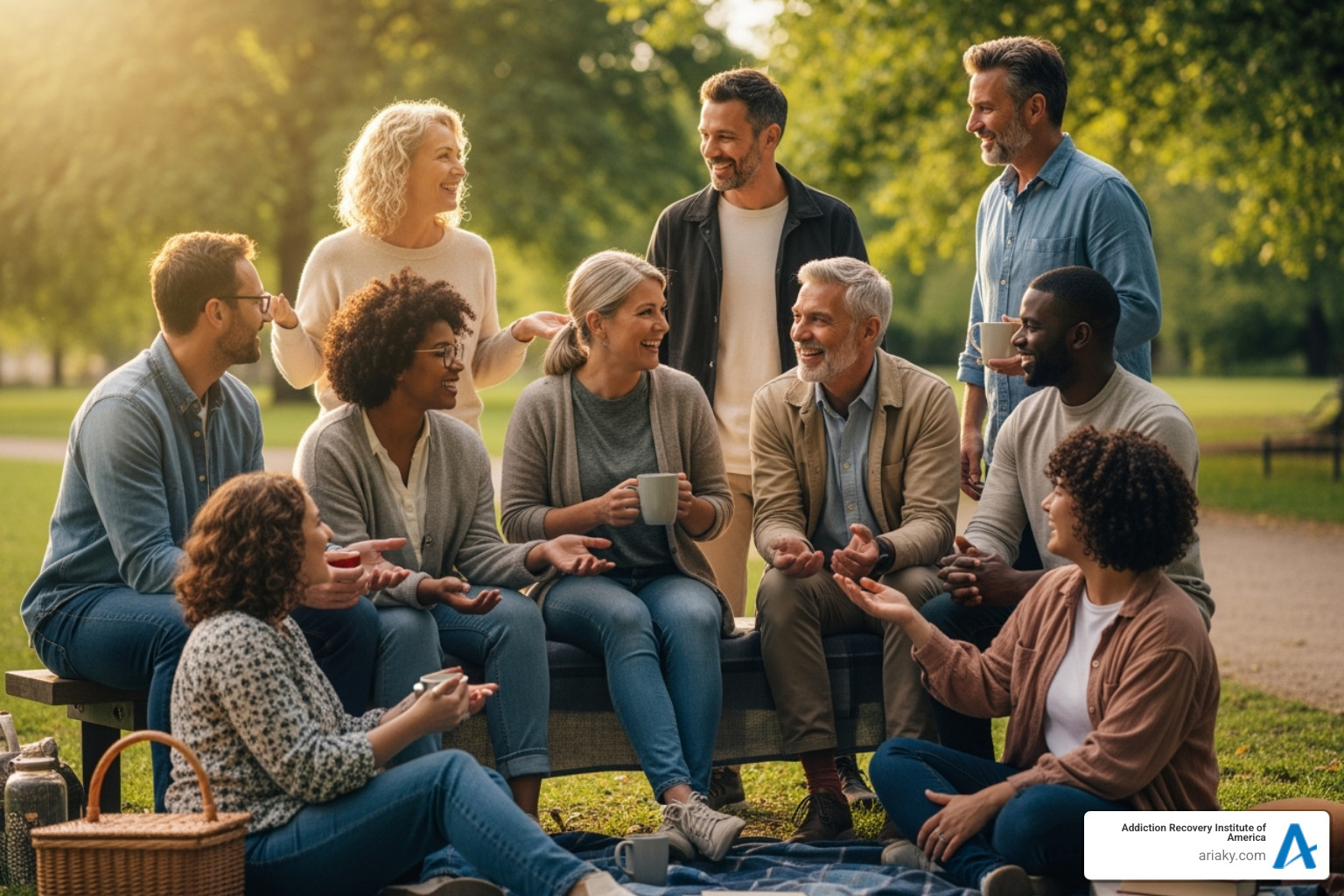 A supportive alumni group meeting, showing individuals smiling and engaging with each other in a warm, encouraging environment - IOP program Lexington