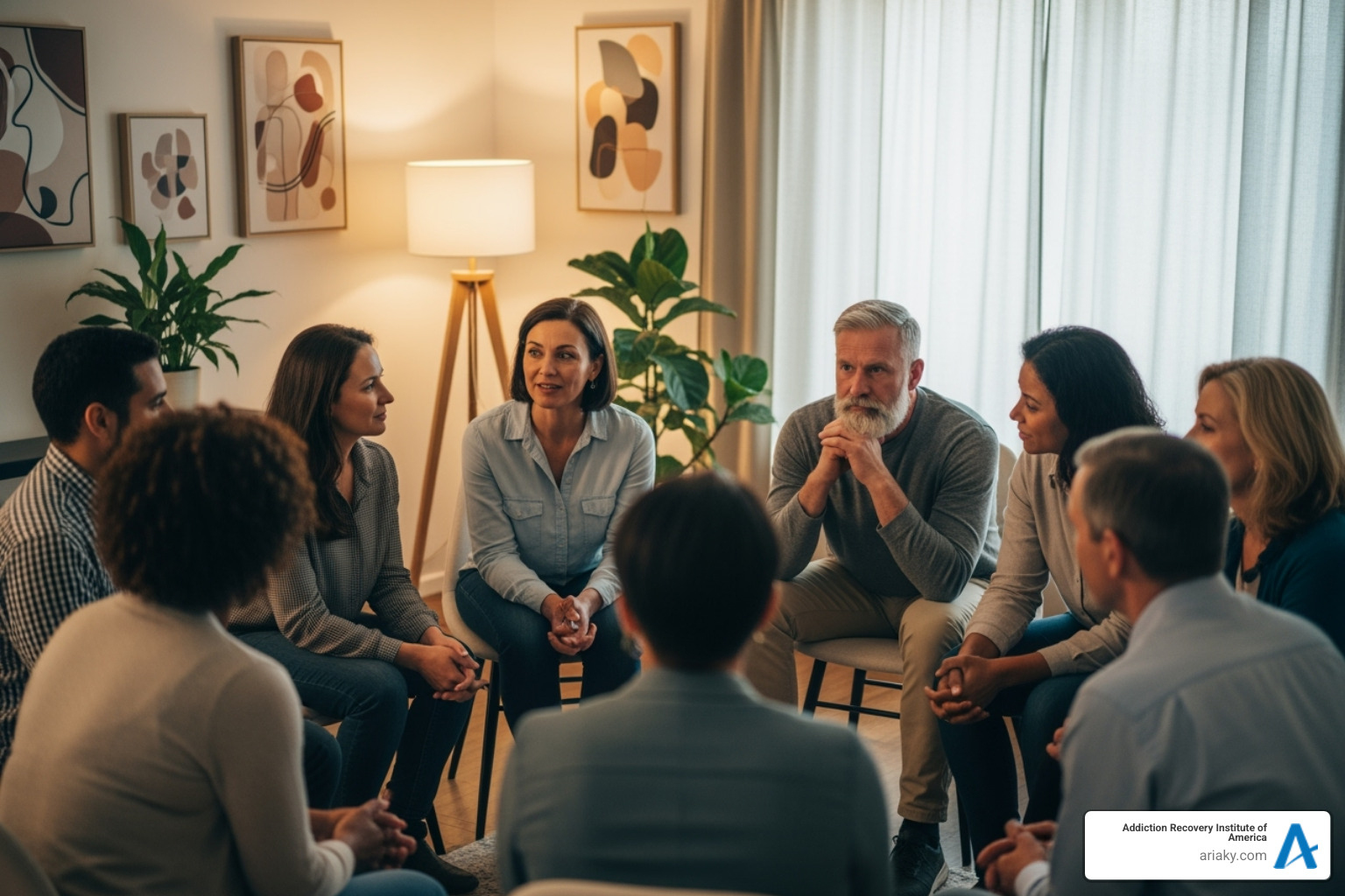 A diverse group of individuals engaging in a dynamic group therapy session within a comfortable and supportive setting, symbolizing community and healing - IOP program Lexington